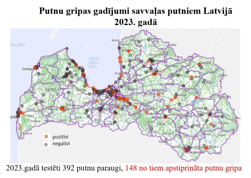 Putnu gripa Latvija karte 2023.g.